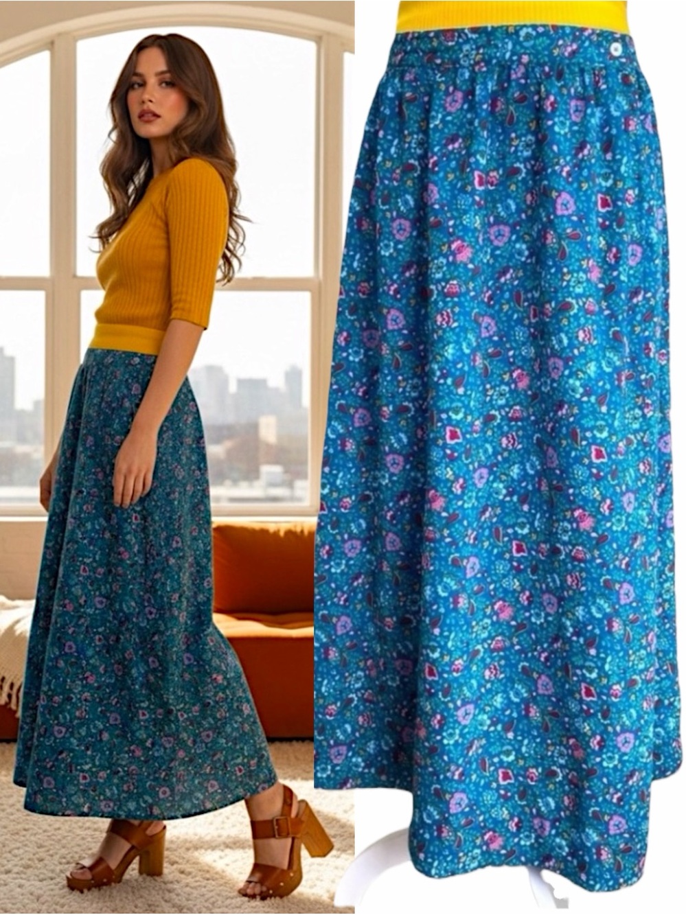 Vtg 70s The Villager Paisley Floral Maxi Skirt Blue Ditsy Floral Boho Prairie 10